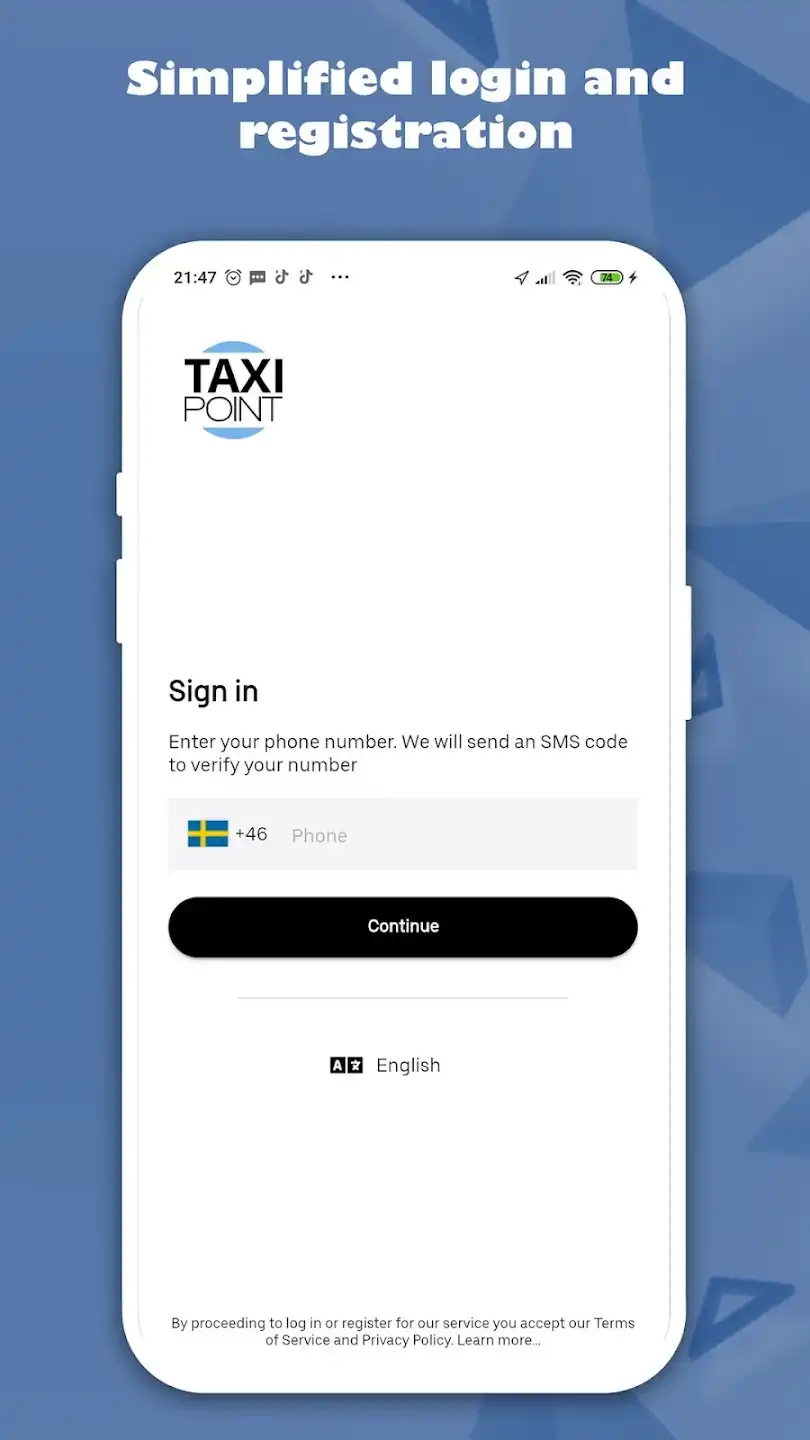 Taxi Point app – inloggning och registrering